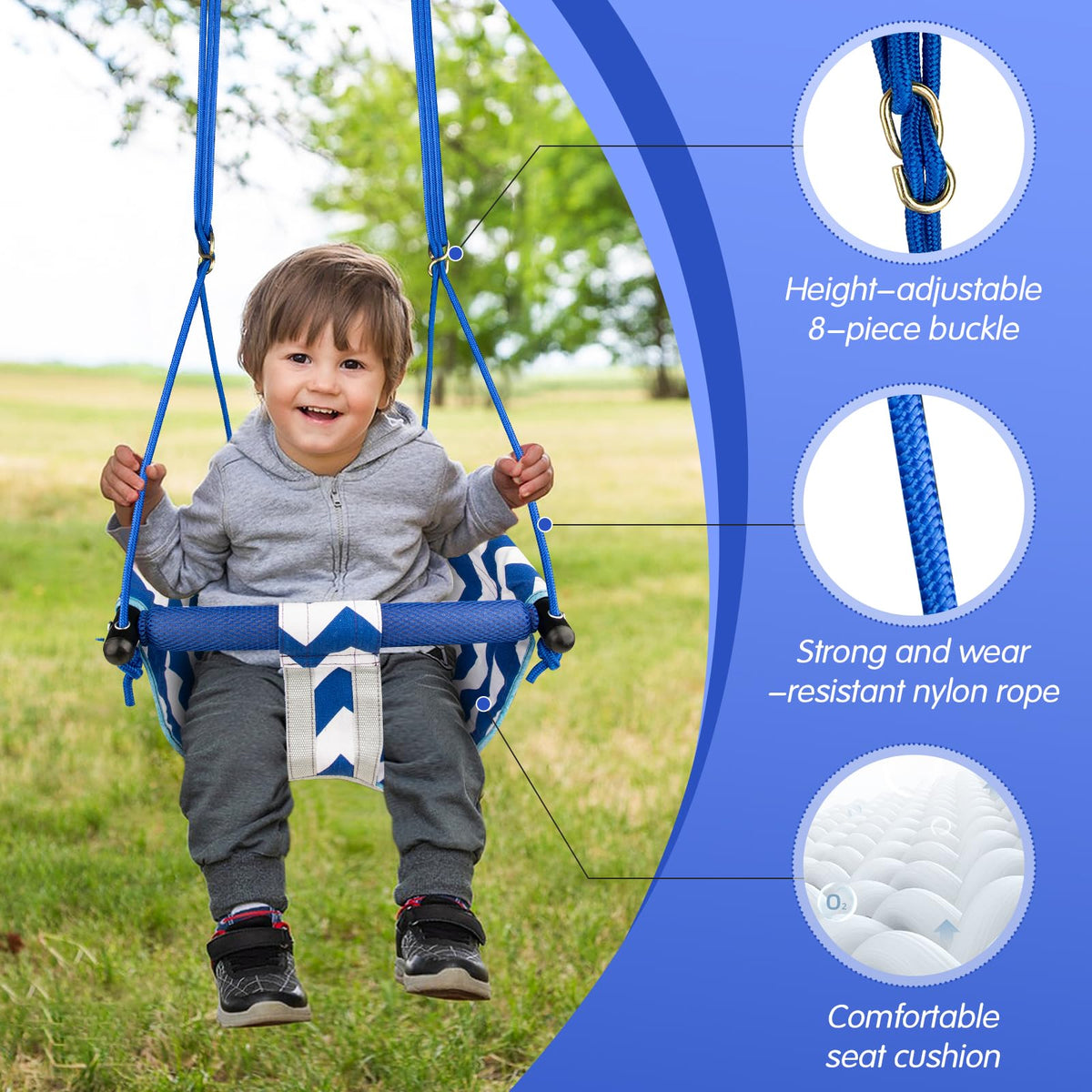 Shker Toddler Swing's 8-shaped buckle design enhances stability.