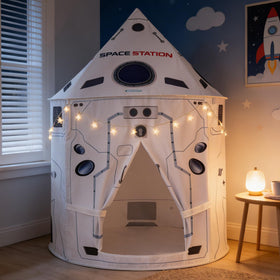 SHOUHOUNI rocket play tent opened for cozy indoor imaginative space play.