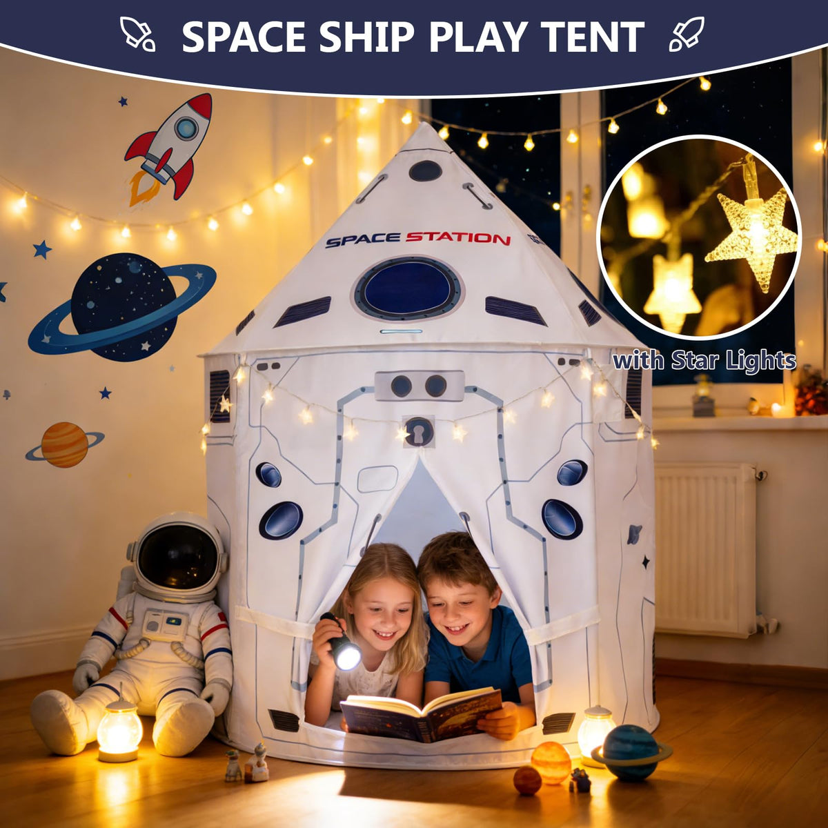SHOUHOUNI rocket tent setup shows quick assembly for on-the-go play.