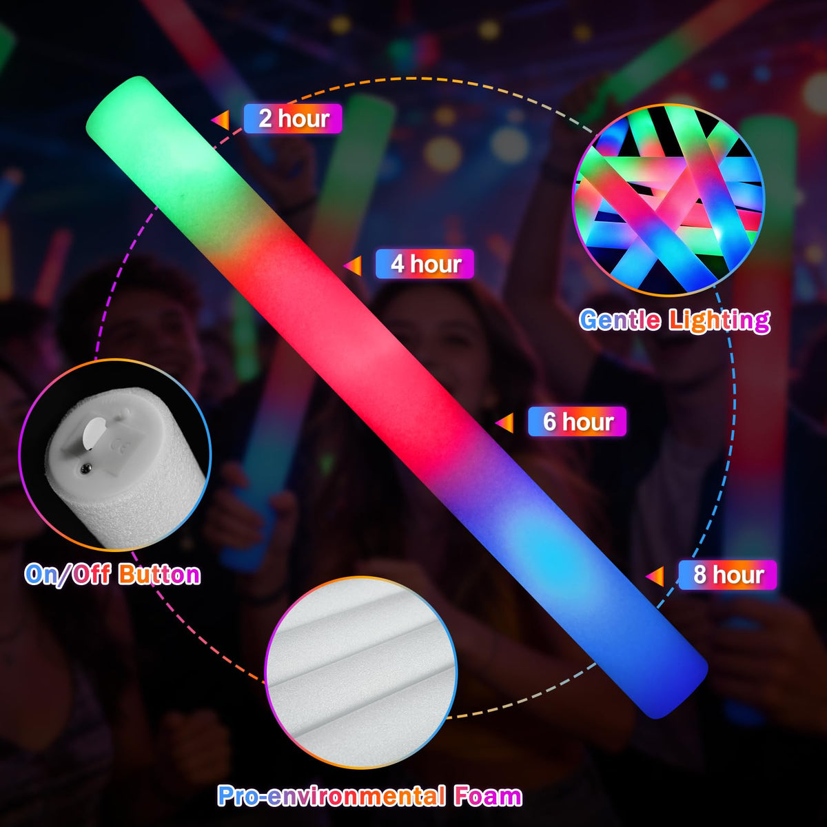 SHQDD foam glow sticks used at a wedding for ambient light.