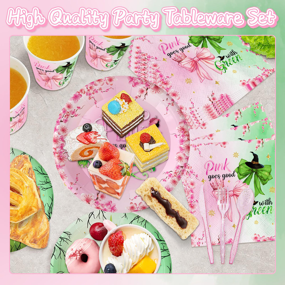SHQPTYY 194pcs pink and green cutlery for convenient single-use dining during events.