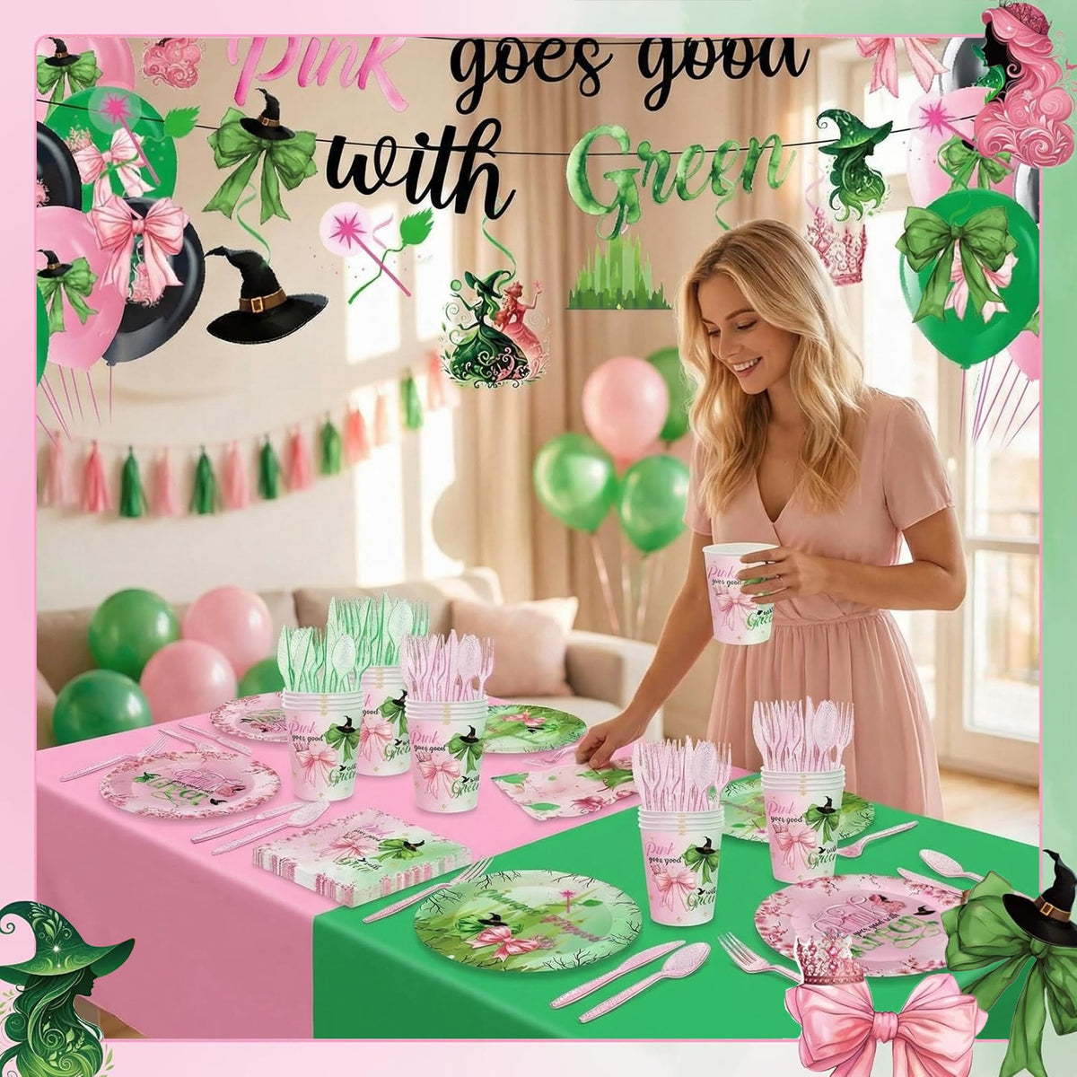 SHQPTYY full pink and green witch party set creates a cohesive festive table scene.
