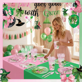 SHQPTYY full pink and green witch party set creates a cohesive festive table scene.