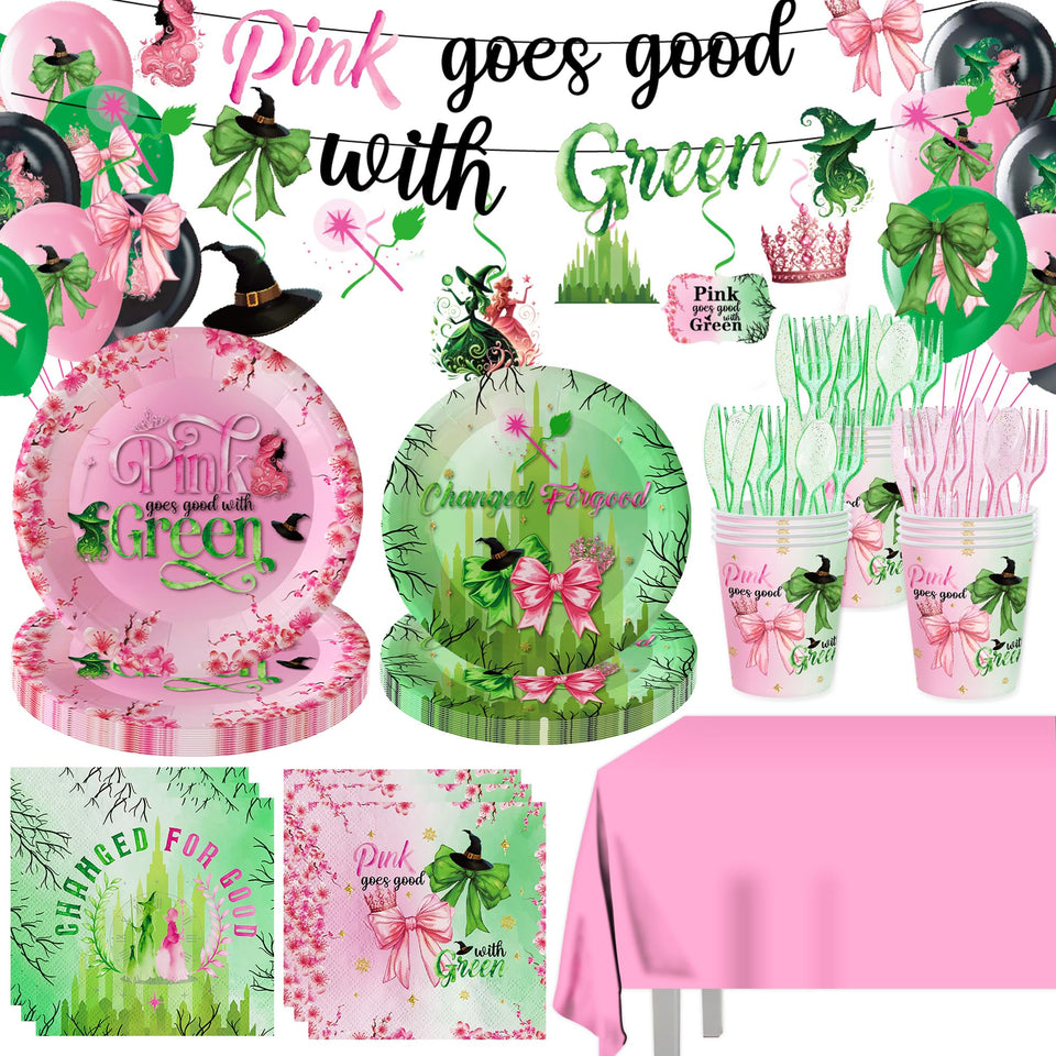 SHQPTYY 194pcs pink and green witch party plates for magical celebrations.