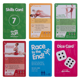 Shuffle Up gymnastics cards showing two dice for varied rounds and pacing