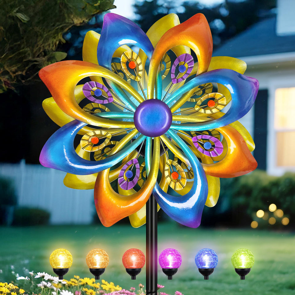 Shumi Solar Wind Spinners peacock-feather glow brightens outdoor decor at dusk
