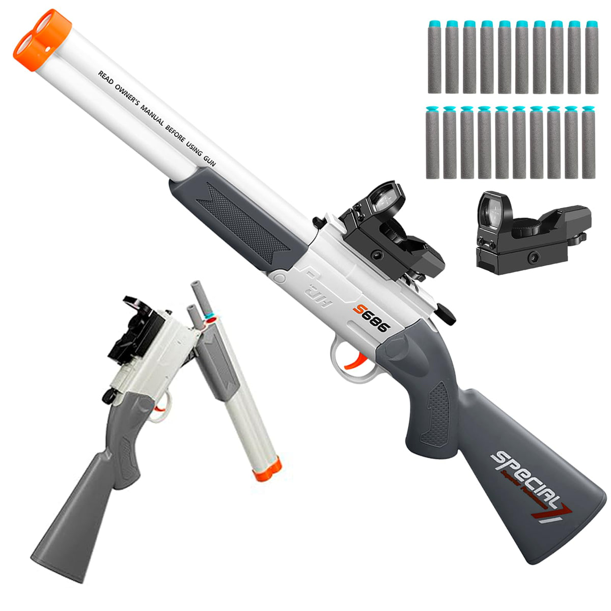 Shushuzz double-barrel shotgun hero shot showcasing durable ABS construction for kids.