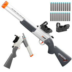 Shushuzz double-barrel shotgun hero shot showcasing durable ABS construction for kids.