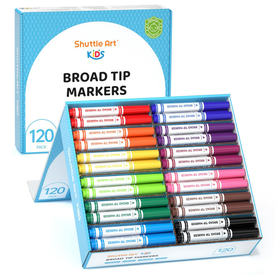 Shuttle Art 120-count washable markers in a sturdy box for classroom use.