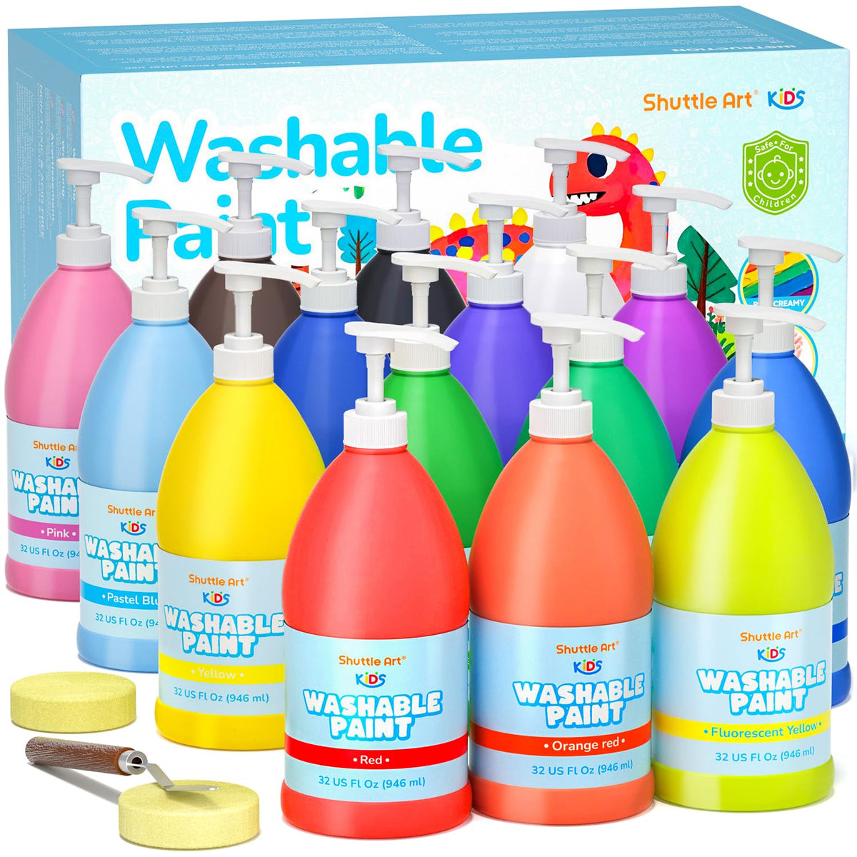 Shuttle Art 15-color washable paint bottles with pump for large art projects.