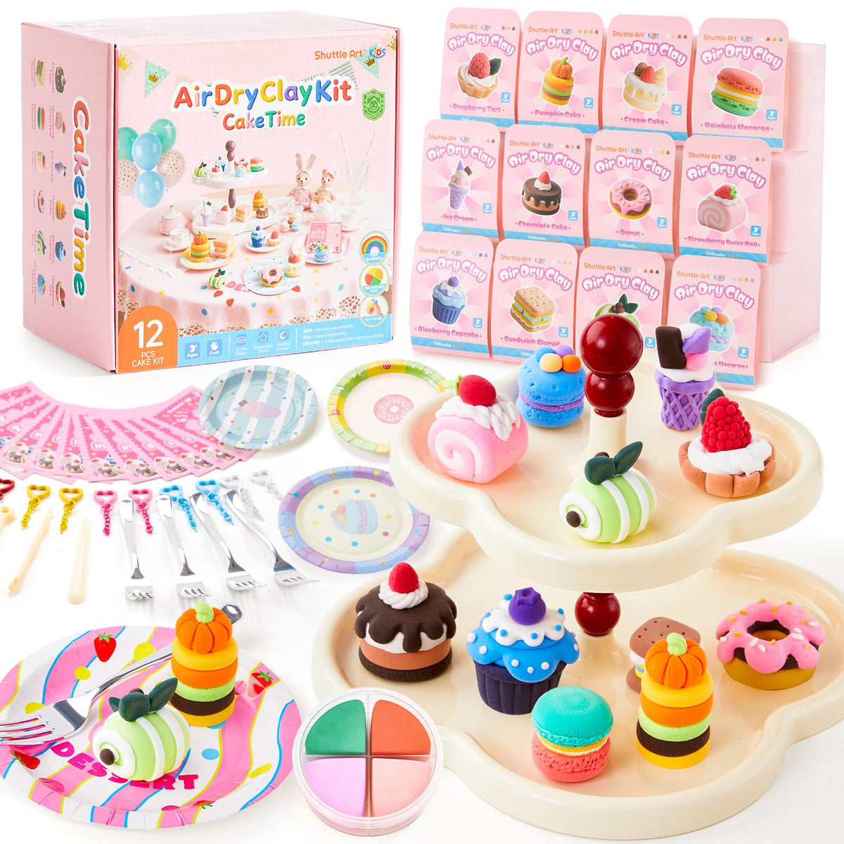 Shuttle Art Cake Time boxes with colorful clay for imaginative cake figures.