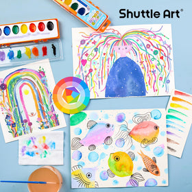 Closeup of eight pigment pans from Shuttle Art set