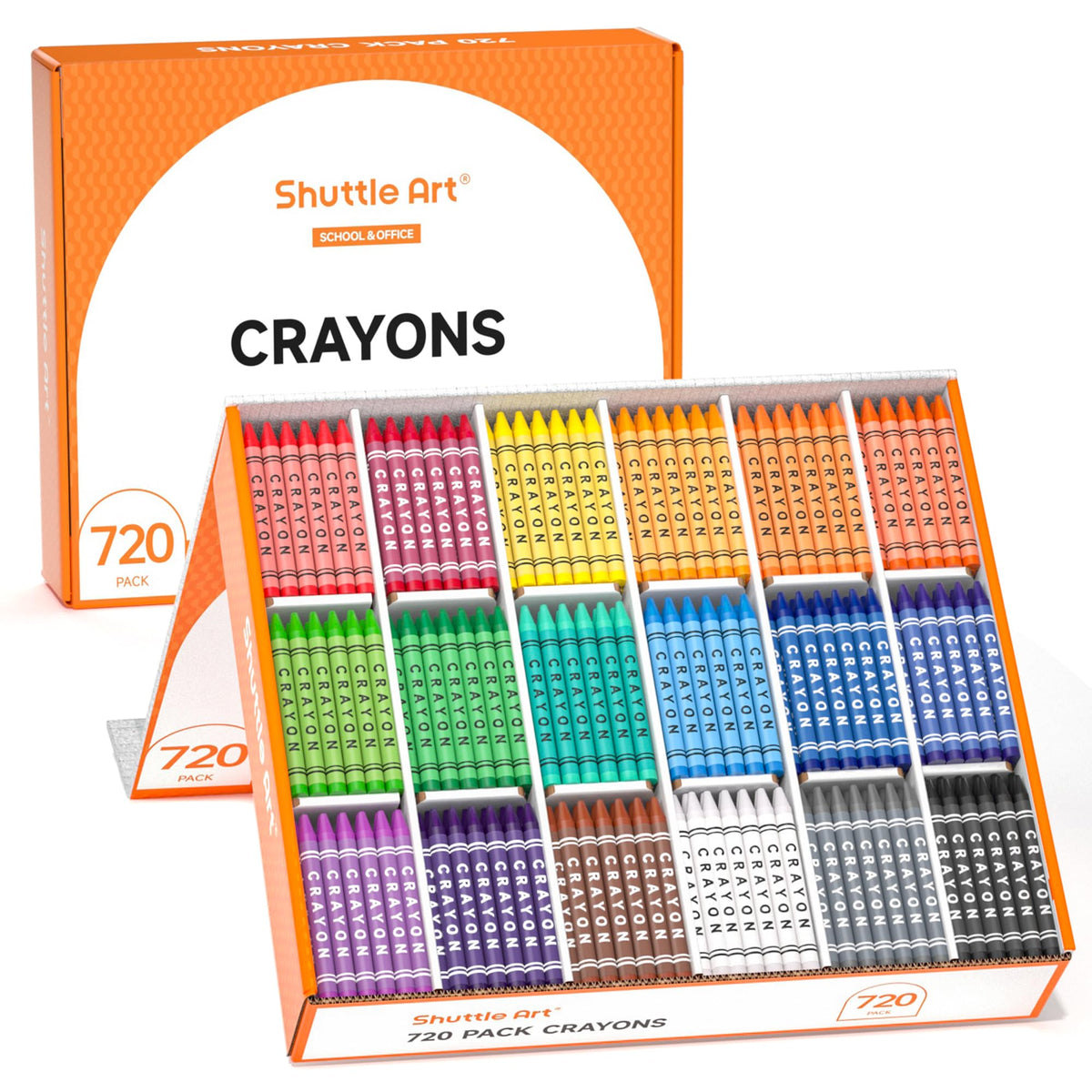 Shuttle Art Crayons bulk class pack with 720 colors organized for easy classroom access.