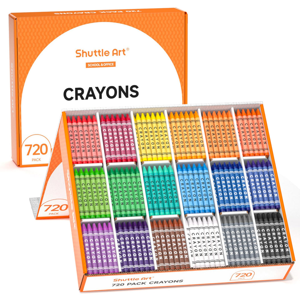 Shuttle Art Crayons bulk class pack with 720 colors organized for easy classroom access.