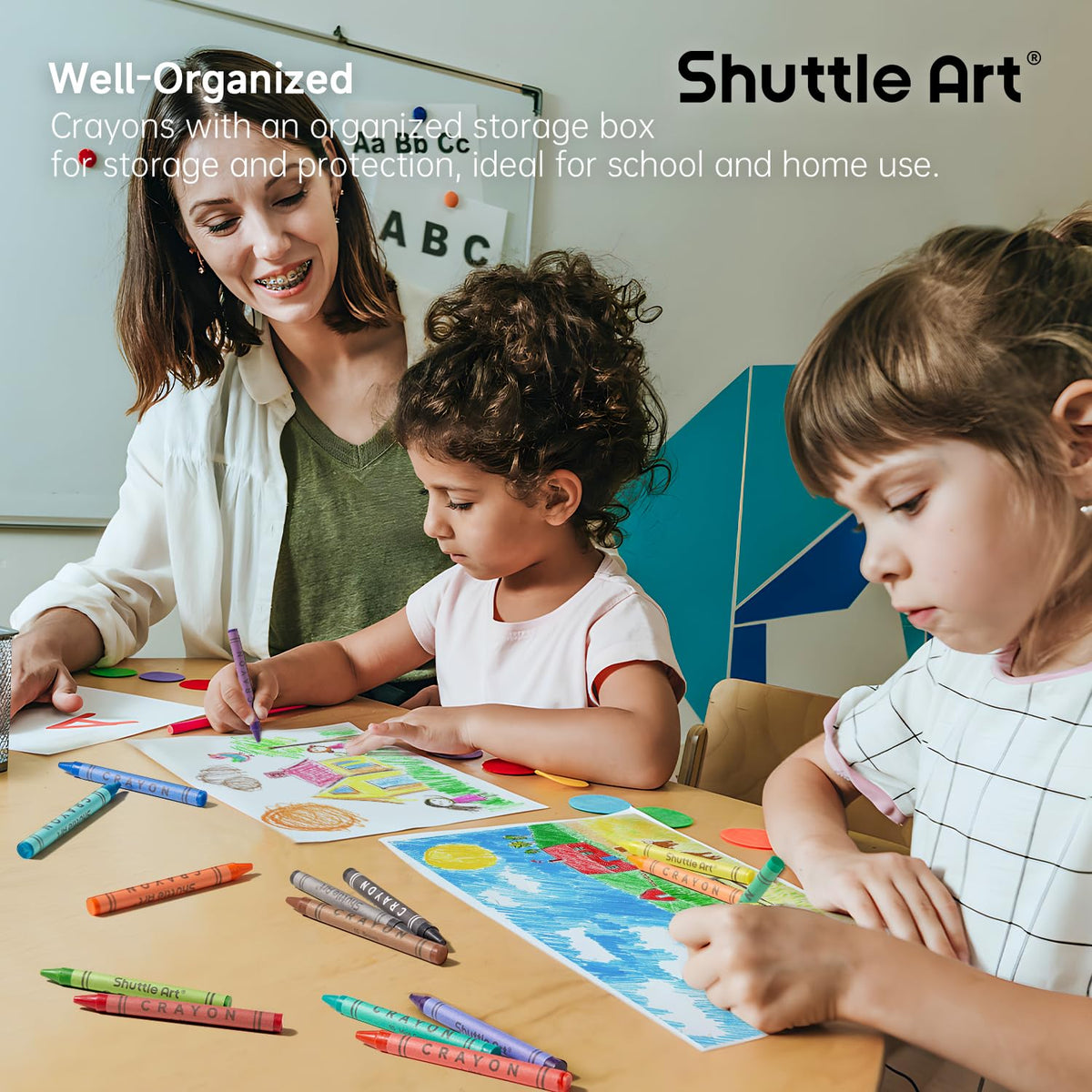 Shuttle Art classroom set supports teacher activities with ample colors for group projects.