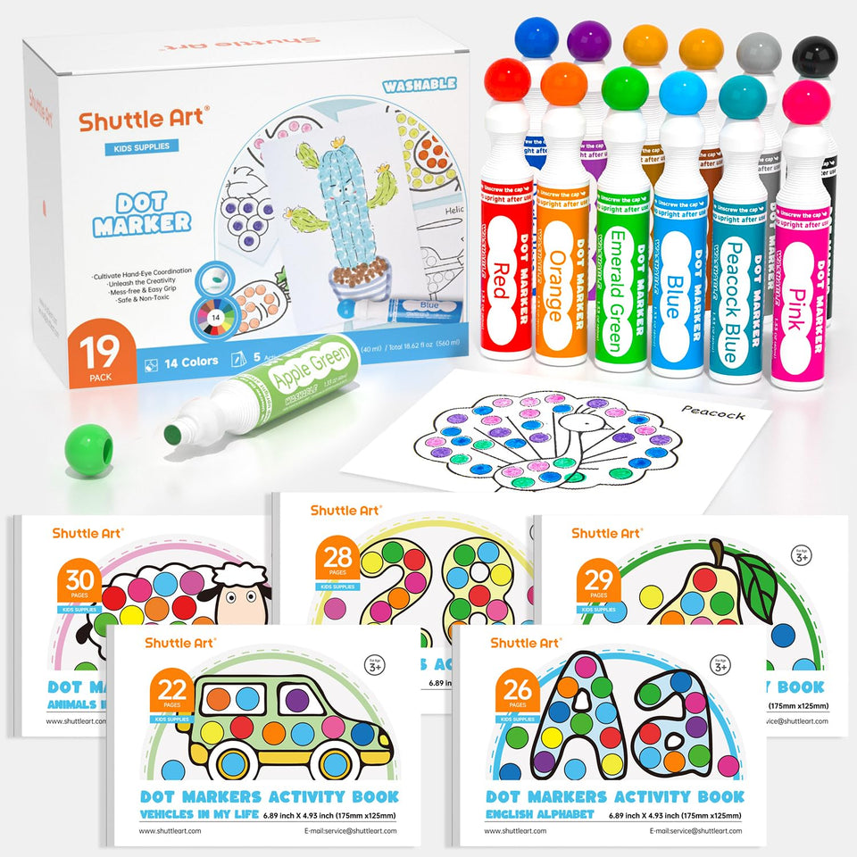 Shuttle Art dot markers with 14 colors for vibrant kid-created art projects