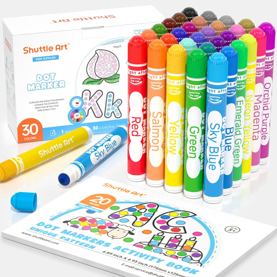 Shuttle Art dot markers in a 30-color pack for kids' art projects