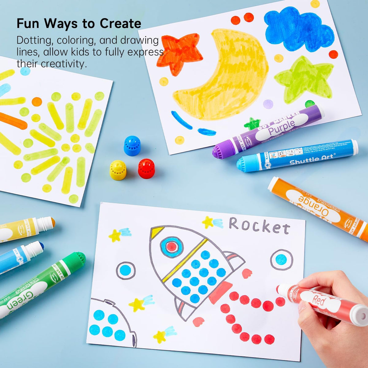 Shuttle Art markers with small-finger-friendly bottles support confident coloring.