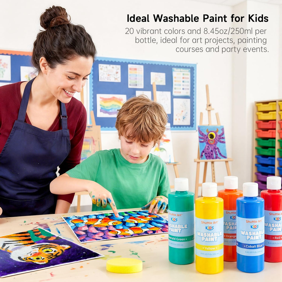 Shuttle Art easy cleanup paints rinse away from skin and fabrics.