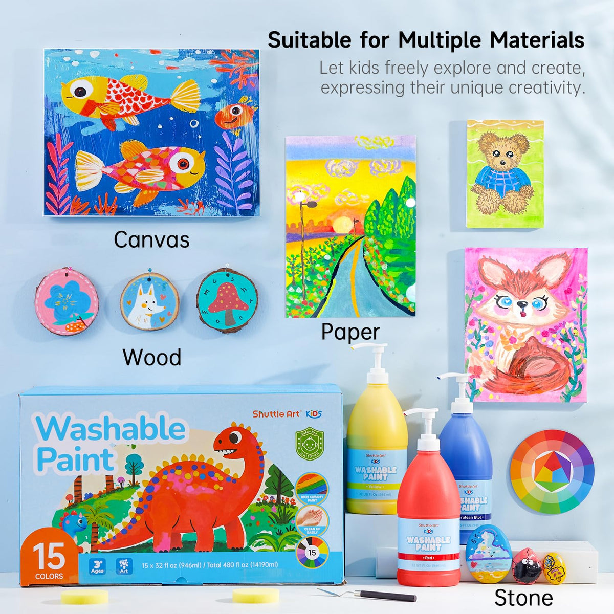 Shuttle Art party-ready paints for arts and crafts activities.