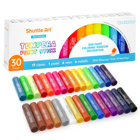 Shuttle Art Tempera Paint Sticks 30 colors swatches show vibrant, quick-dry options.