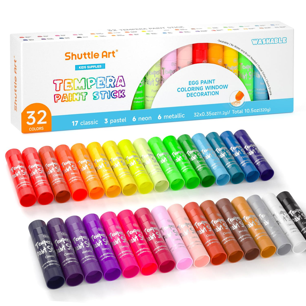 Shuttle Art tempera paint sticks opened with twist mechanism for easy painting