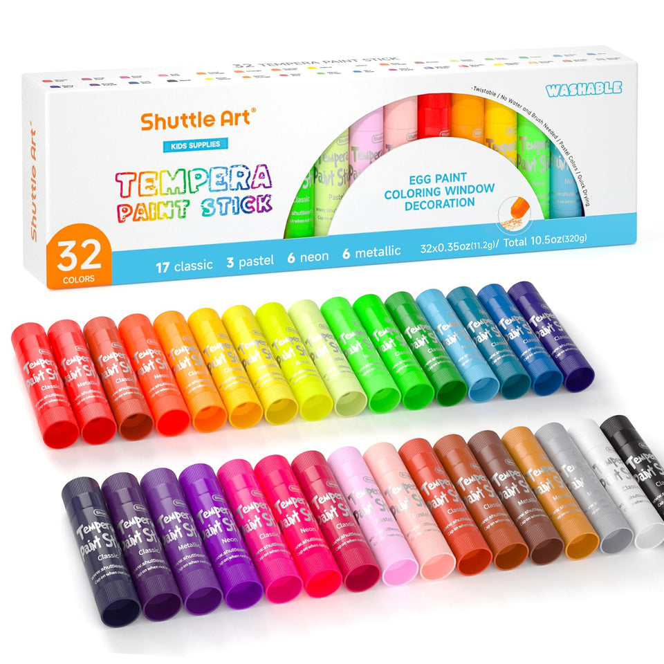 Shuttle Art tempera paint sticks opened with twist mechanism for easy painting