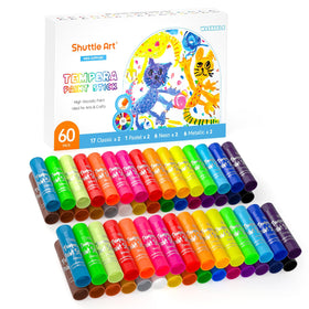 Shuttle Art tempera paint sticks packaging highlights a 60-piece set for classroom creativity.