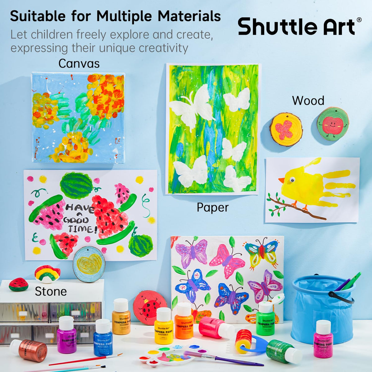 Shuttle Art tempera paints with non-toxic safe labeling.