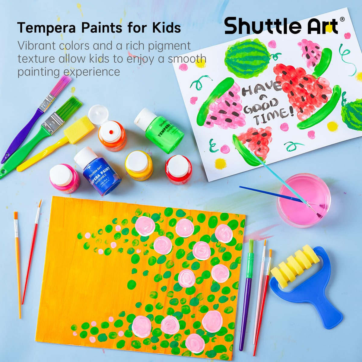 Shuttle Art tempera paints suitable for posters and cardboard.