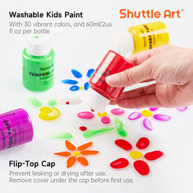 Shuttle Art tempera paints wash off skin and clothes easily.