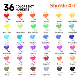 Shuttle Art dot markers bottle close-up highlights easy-grip for tiny fingers.