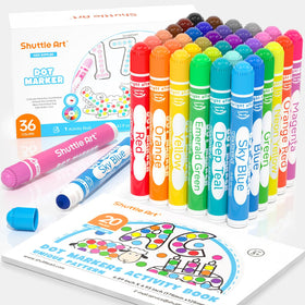 Shuttle Art Washable Dot Markers 36 colors packaging shows vibrant kids' art set.