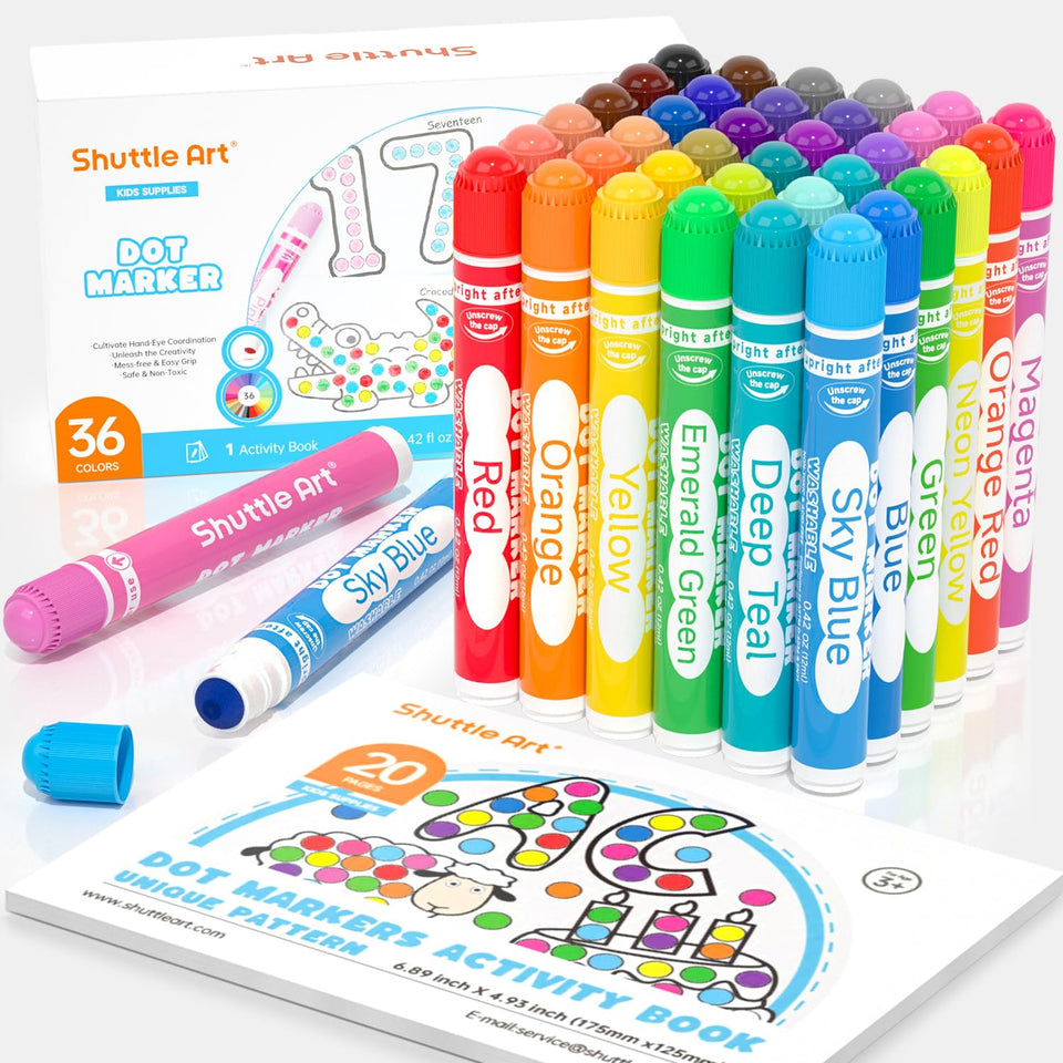 Shuttle Art Washable Dot Markers 36 colors packaging shows vibrant kids' art set.
