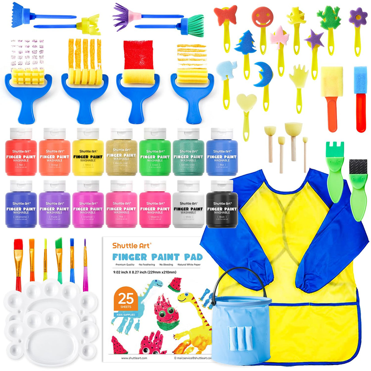 Shuttle Art finger paint bottles with 14 colors for vibrant, easy-to-clean art.
