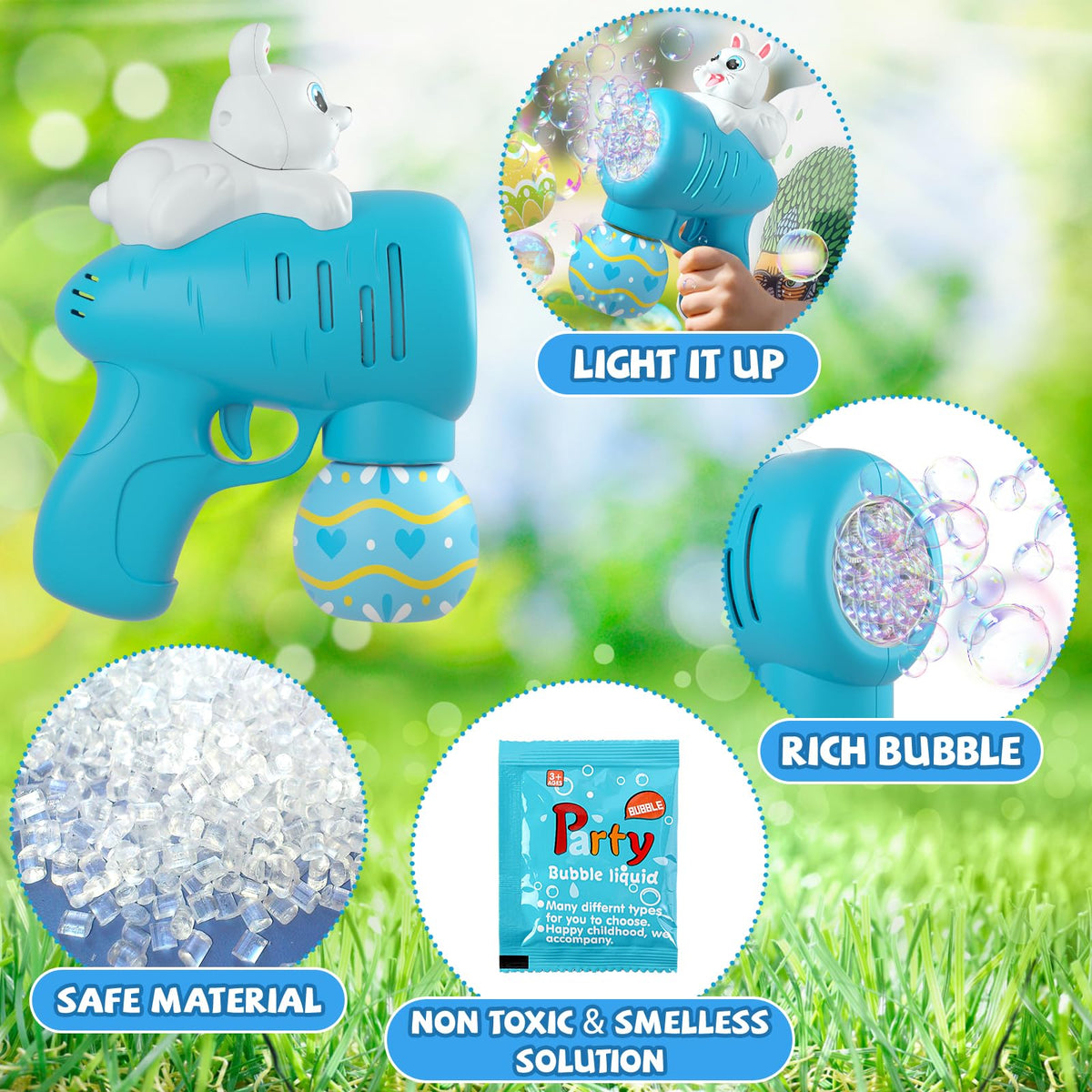 ShyLizard bubble gun with leak-proof 360 design keeps hands clean during play.