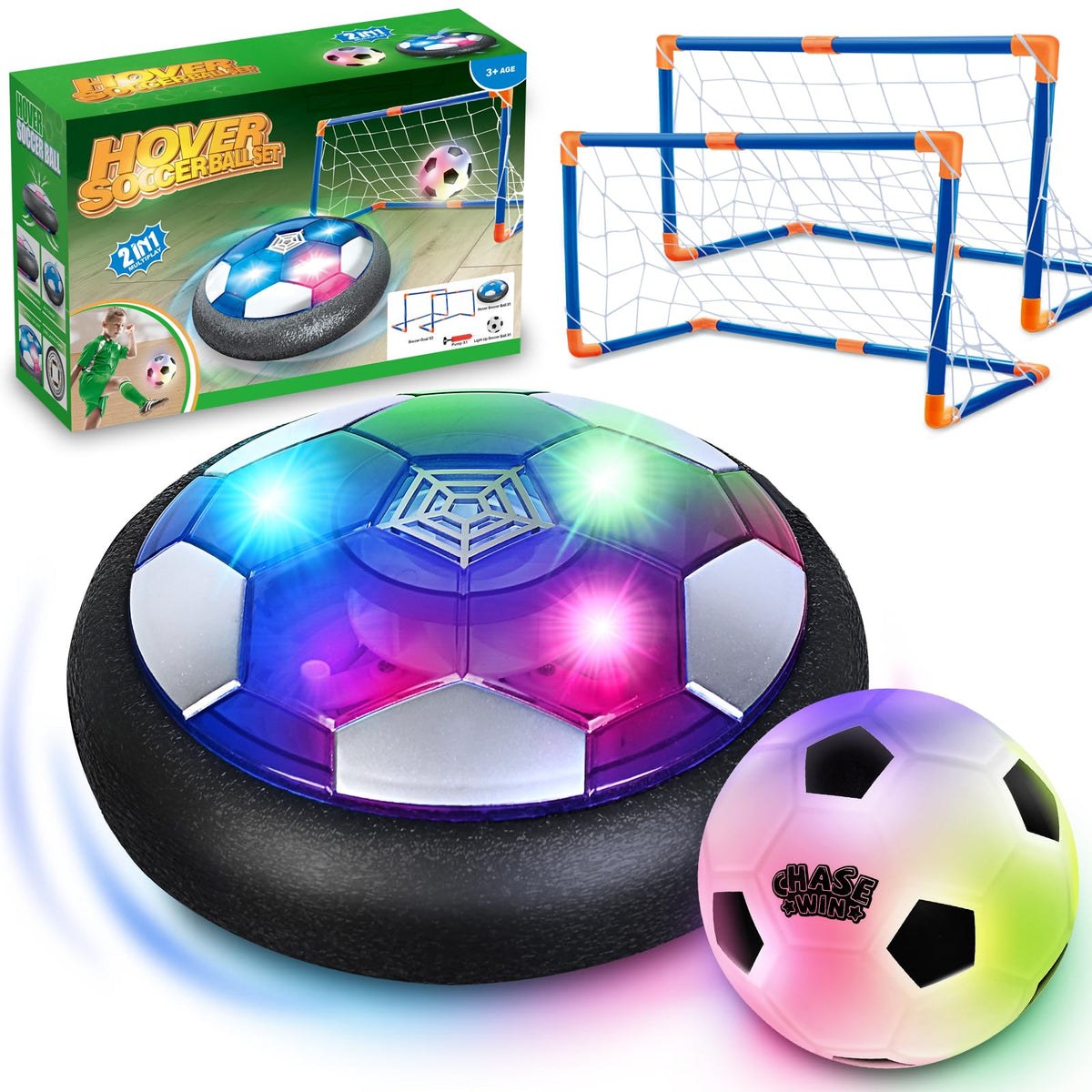 ShyLizard hover soccer ball gliding on a smooth floor with LED light for engaging play.