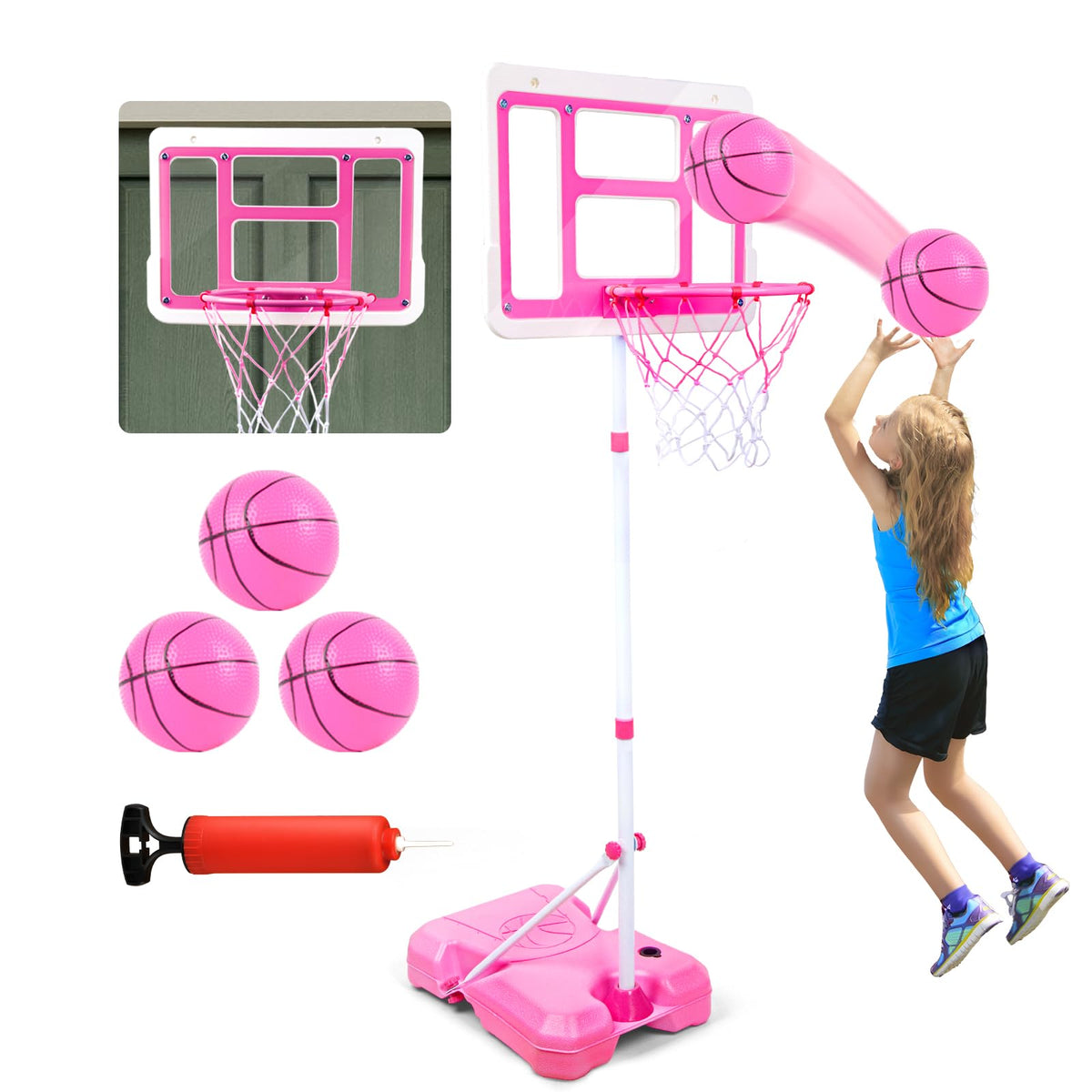 ShyLizard pink stand basketball hoop promotes active play indoors and outdoors.