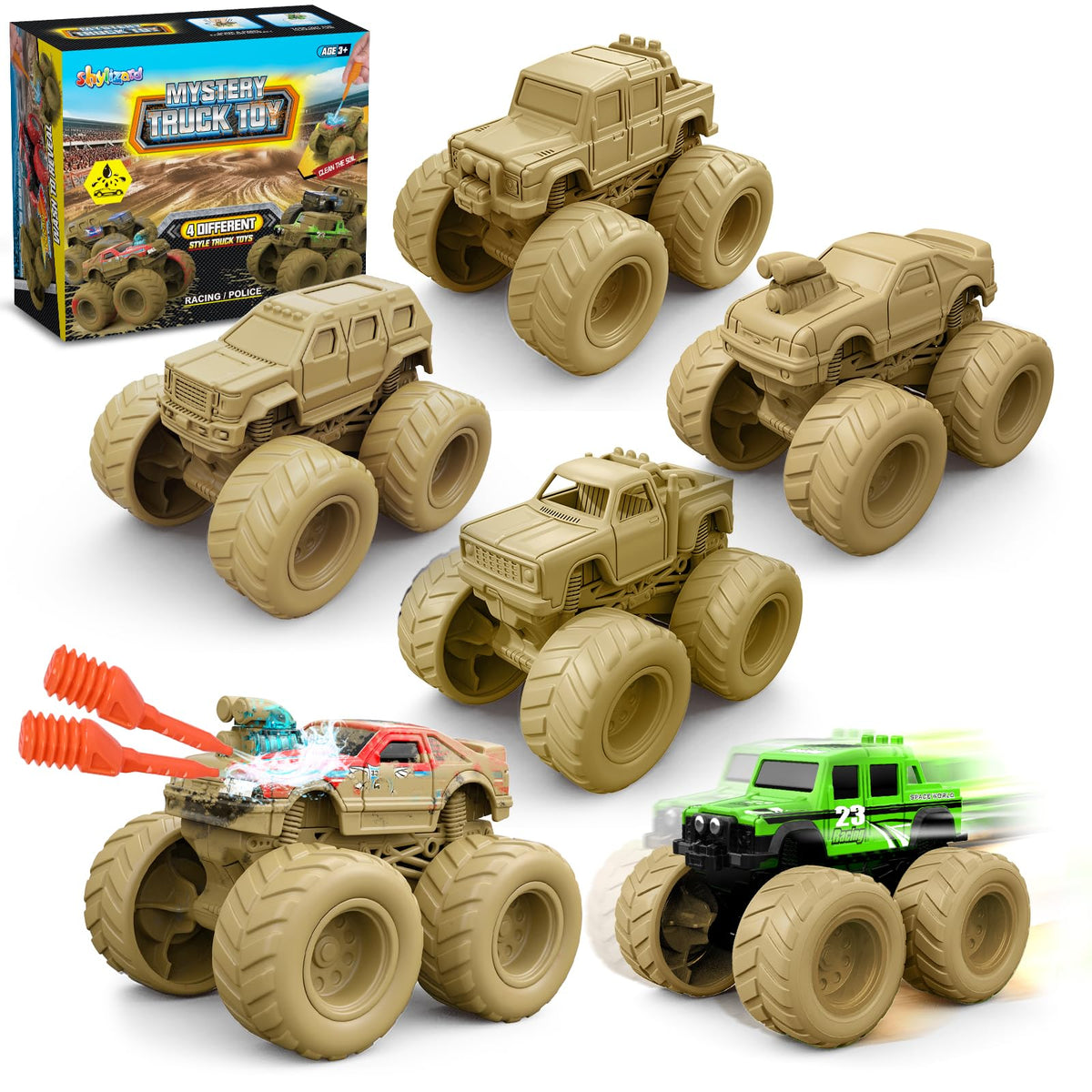 ShyLizard Monster Truck 4-pack with wash-reveal mud finish and bold colors.