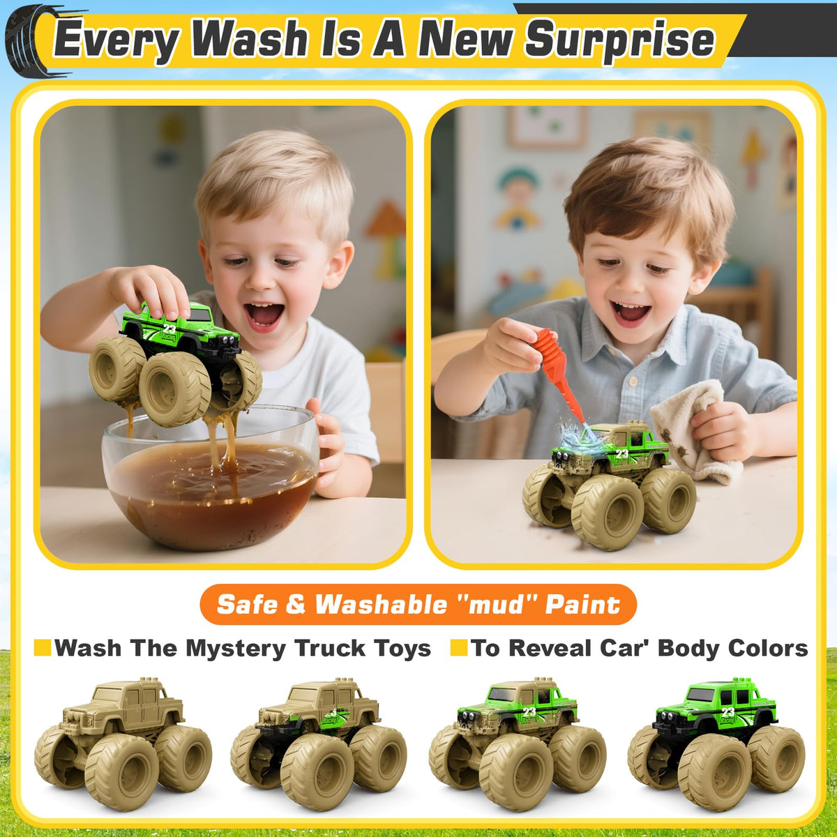 ShyLizard mud-paint trucks close-up showing color reveal after rinsing.