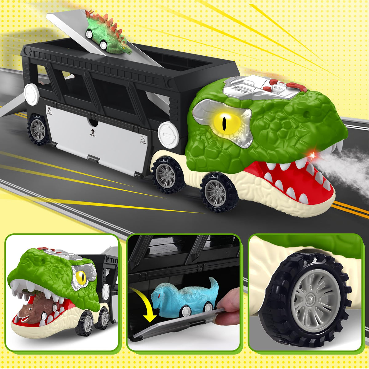 ShyLizard dinosaur truck featuring 10 mini cars for organized fun.