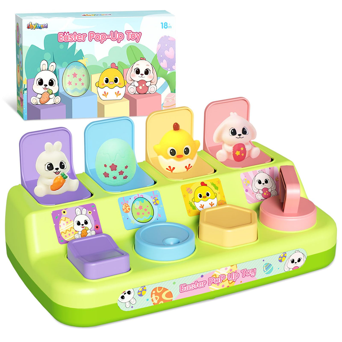 ShyLizard Easter pop-up toy with colorful buttons for engaging toddler play