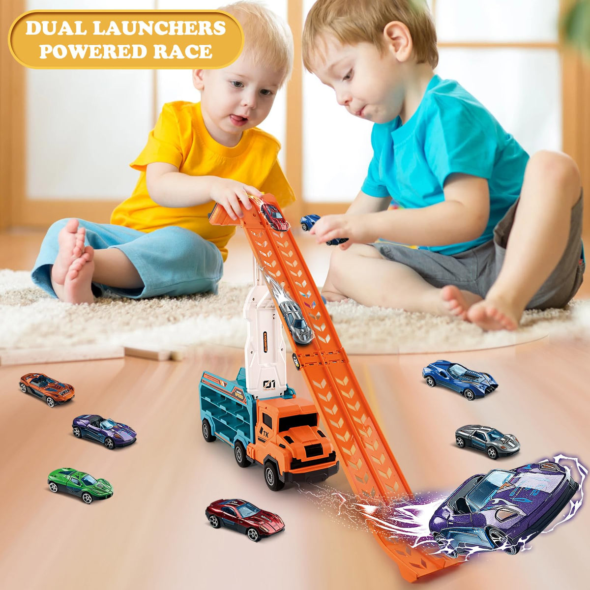 Storage compartment holds up to 14 cars for organized play.