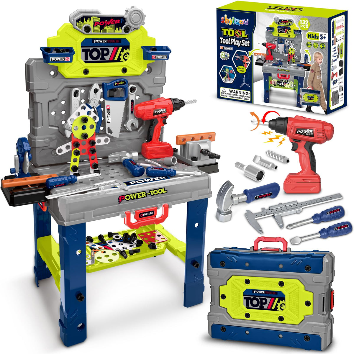 ShyLizard tool bench with realistic drill for immersive play.