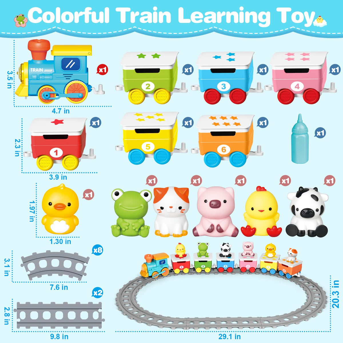ShyLizard learning train barn cars 1-6 show colors and numbers for early math.