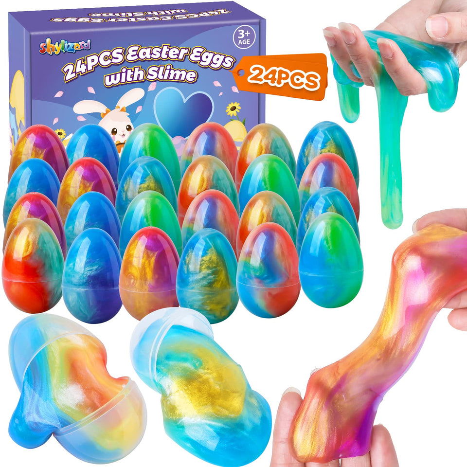 ShyLizard prefills Easter eggs with slime in bright colors for engaging Easter baskets.