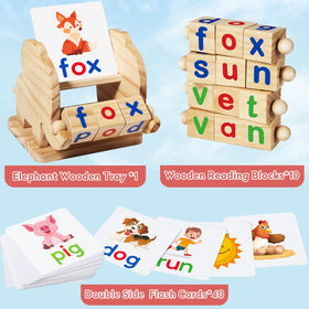 ShyLizard rotating-vowel-blocks promote letter sound practice in a Montessori-style activity.