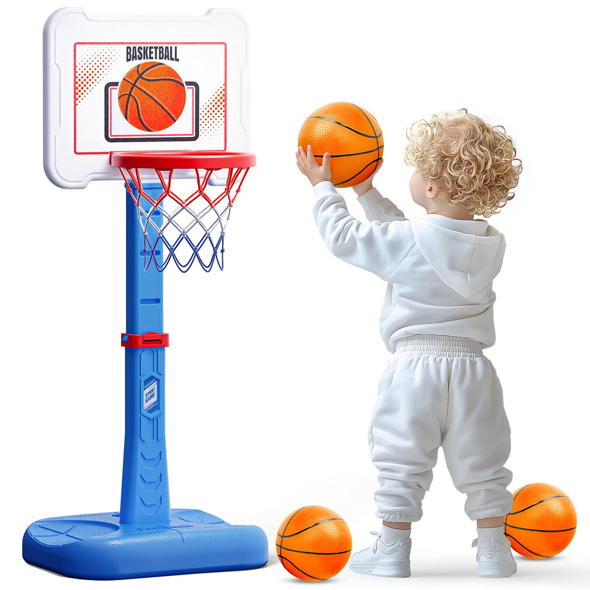 ShyLizard toddler basketball hoop indoors with height adjustment supports growing players.