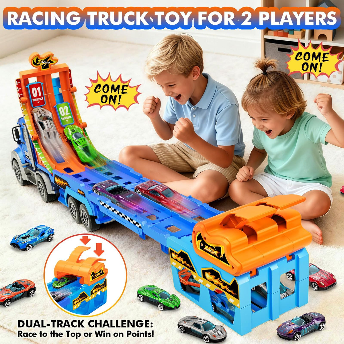 ShyLizard carrier truck with launchers drives fast, exciting races.