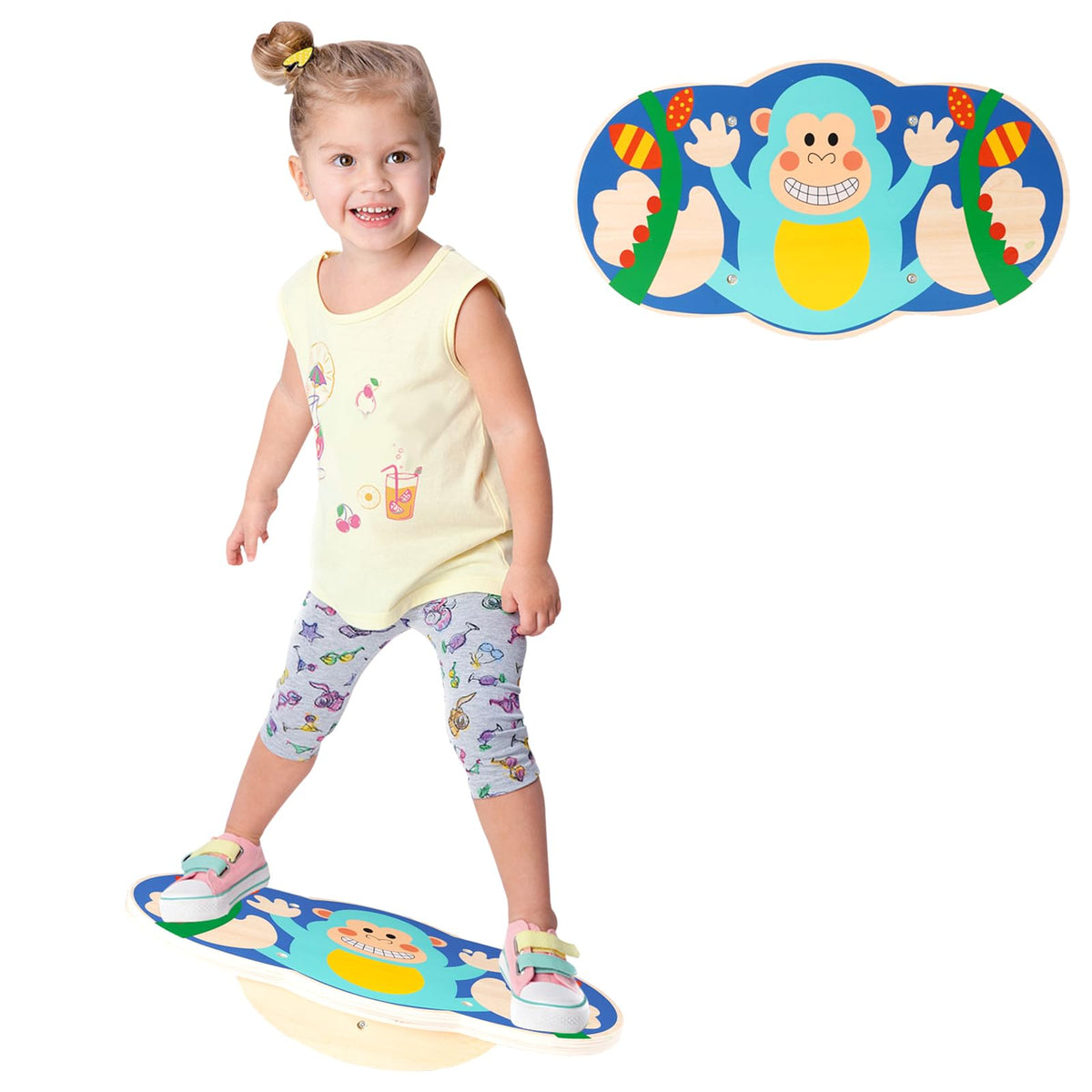 Siairo Wobble Board side view with blue monkey pattern for engaging balance practice.